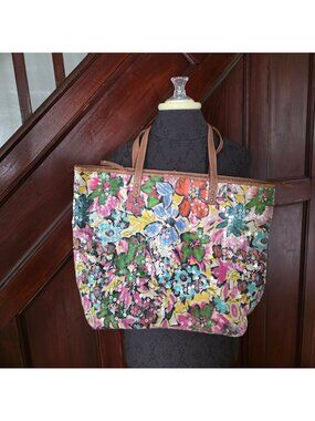 Nine West Floral Sequin Tote Bag Attached Wallet Leather Straps